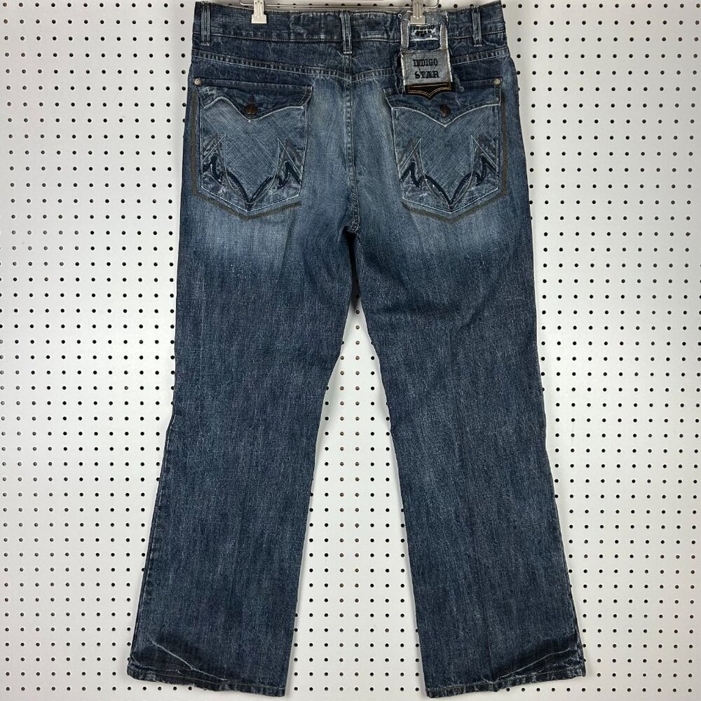 Indigo Star Y2K Gothic Baggy Jeans 38x32 Denim Blue Flare Embroidered Punk Cyber